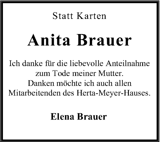 Traueranzeige von Anita Brauer von Hildesheimer Allgemeine Zeitung