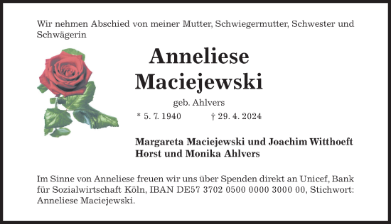 Traueranzeige von Anneliese Maciejewski von Hildesheimer Allgemeine Zeitung