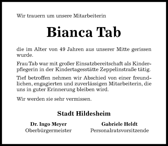 Traueranzeige von Bianca Tab von Hildesheimer Allgemeine Zeitung