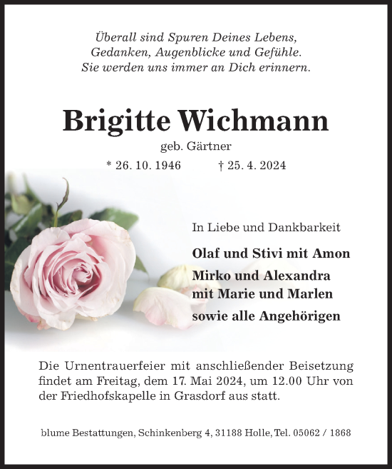 Traueranzeige von Brigitte Wichmann von Hildesheimer Allgemeine Zeitung