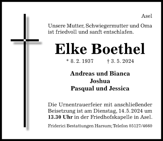 Traueranzeige von Elke Boethel von Hildesheimer Allgemeine Zeitung