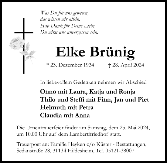 Traueranzeige von Elke Brünig von Hildesheimer Allgemeine Zeitung