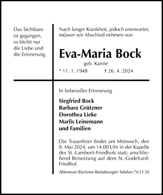 Traueranzeige von Eva-Maria Bock von Hildesheimer Allgemeine Zeitung