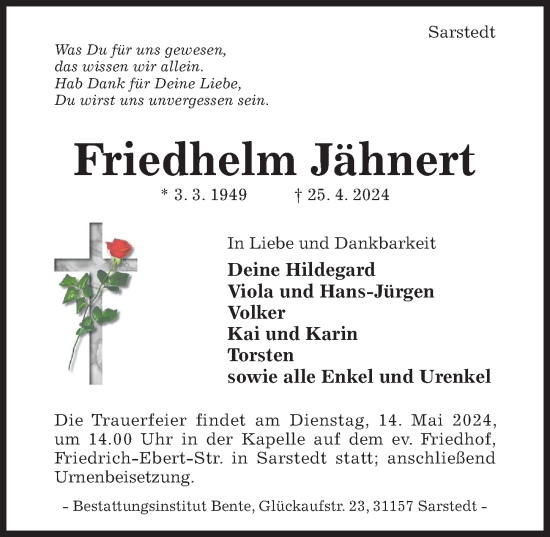 Traueranzeige von Friedhelm Jähnert von Hildesheimer Allgemeine Zeitung