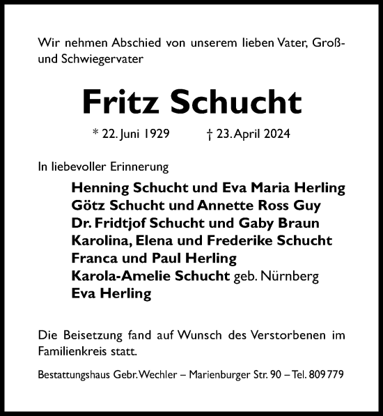 Traueranzeige von Fritz Schucht von Hildesheimer Allgemeine Zeitung