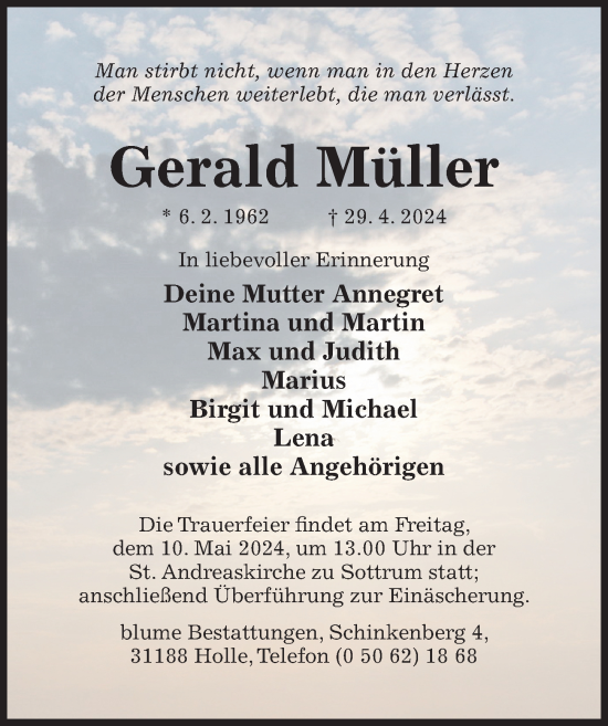 Traueranzeige von Gerald Müller von Hildesheimer Allgemeine Zeitung