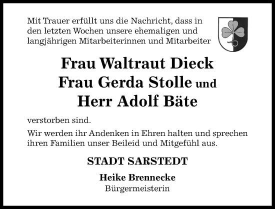 Traueranzeige von Gerda Stolle von Hildesheimer Allgemeine Zeitung