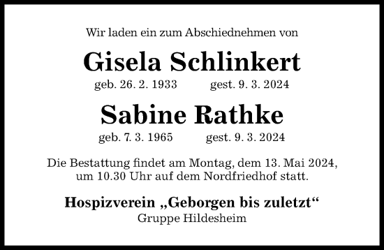 Traueranzeige von Gisela Schlinkert von Hildesheimer Allgemeine Zeitung