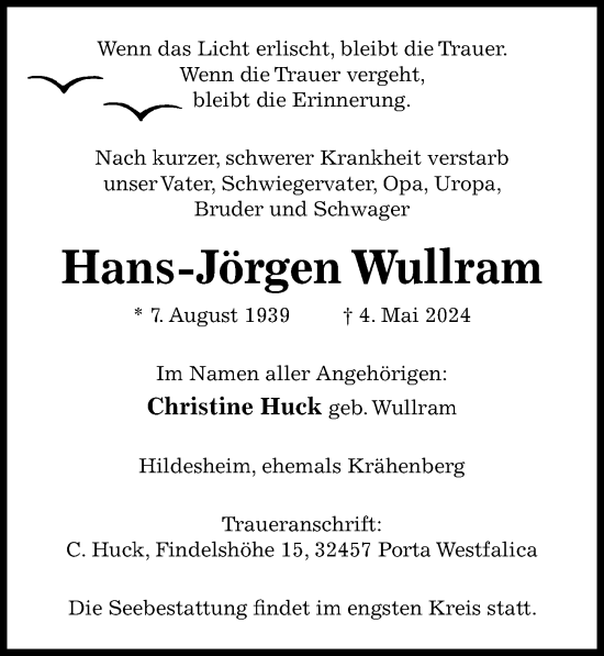 Traueranzeige von Hans-Jörgen Wullram von Hildesheimer Allgemeine Zeitung