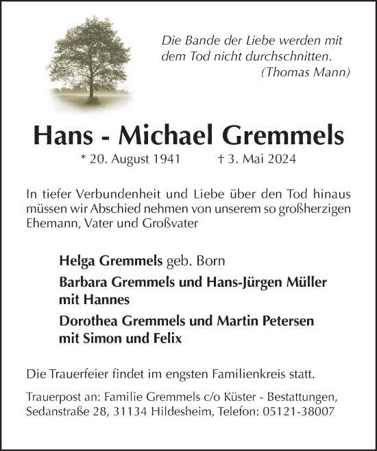 Traueranzeige von Hans-Michael Gremmels von Hildesheimer Allgemeine Zeitung