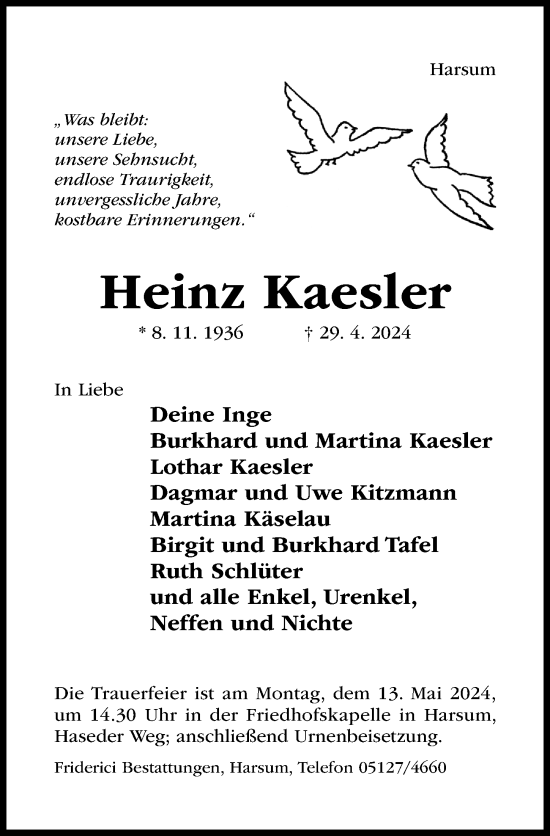 Traueranzeige von Heinz Kaesler von Hildesheimer Allgemeine Zeitung
