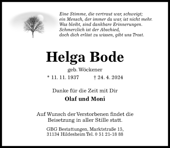 Traueranzeige von Helga Bode von Hildesheimer Allgemeine Zeitung