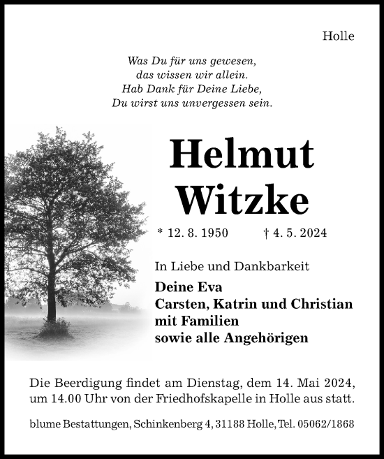 Traueranzeige von Helmut Witzke von Hildesheimer Allgemeine Zeitung