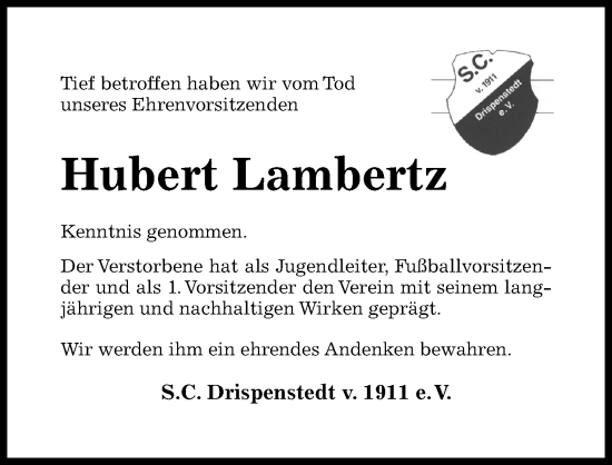 Traueranzeige von Hubert Lambertz von Hildesheimer Allgemeine Zeitung