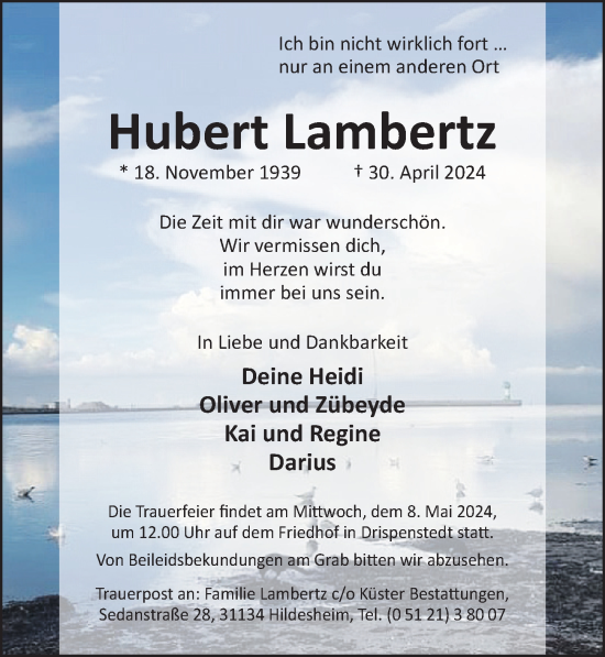 Traueranzeige von Hubert Lambertz von Hildesheimer Allgemeine Zeitung