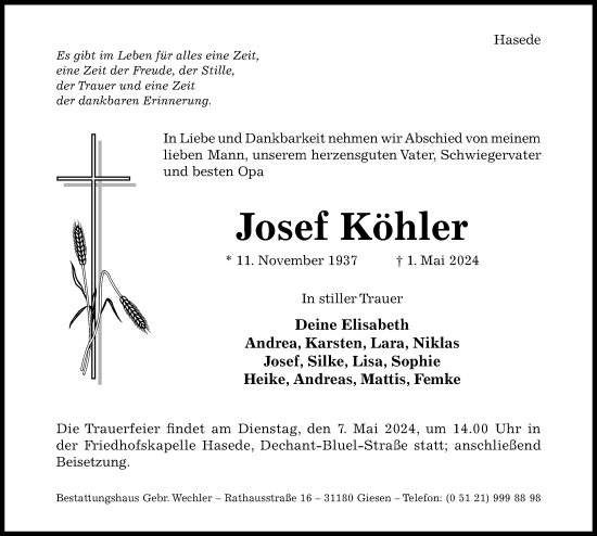Traueranzeige von Josef Köhler von Hildesheimer Allgemeine Zeitung