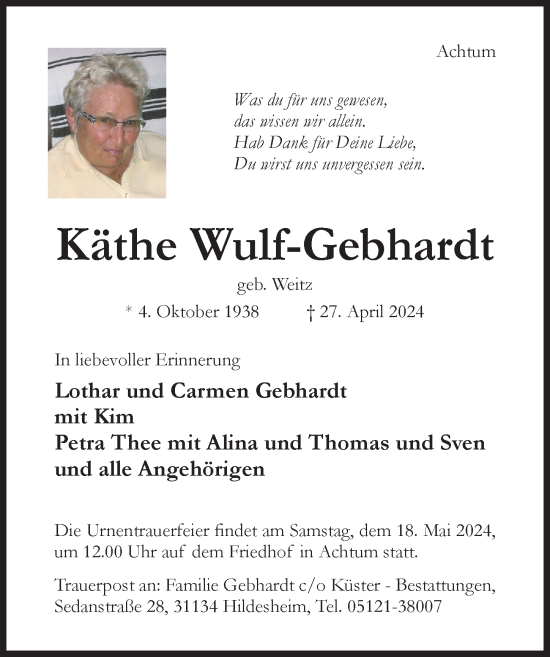 Traueranzeige von Käthe Wulf-Gebhardt von Hildesheimer Allgemeine Zeitung