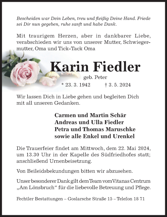 Traueranzeige von Karin Fiedler von Hildesheimer Allgemeine Zeitung