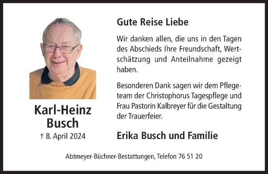 Traueranzeige von Karl-Heinz Busch von Hildesheimer Allgemeine Zeitung