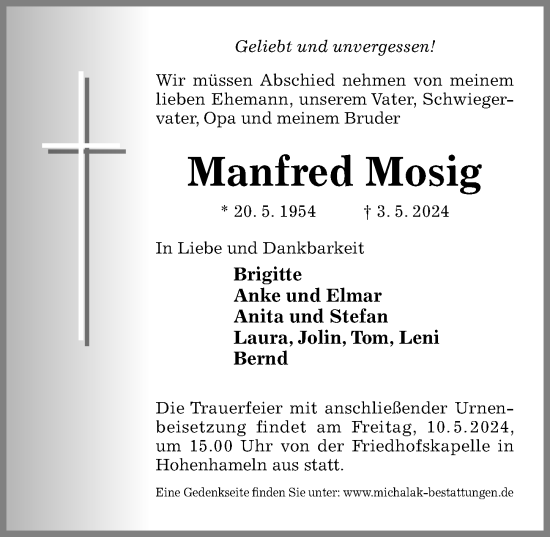 Traueranzeige von Manfred Mosig von Hildesheimer Allgemeine Zeitung