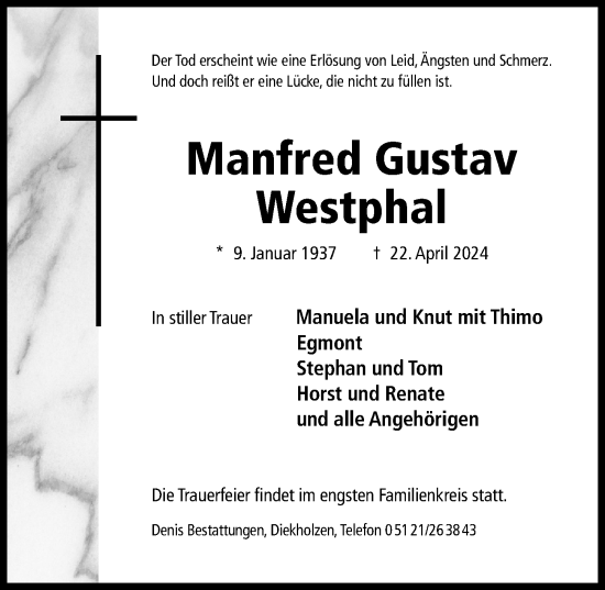 Traueranzeige von Manfred Gustav Westphal von Hildesheimer Allgemeine Zeitung