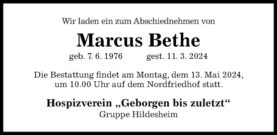 Traueranzeige von Marcus Bethe von Hildesheimer Allgemeine Zeitung