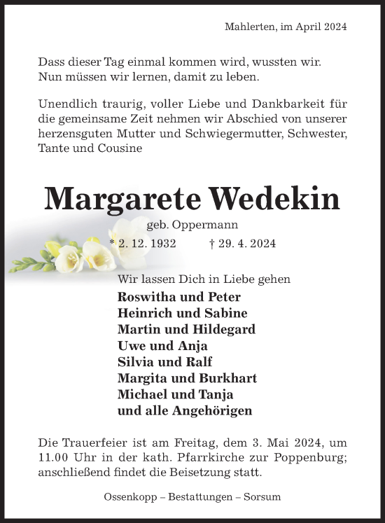 Traueranzeige von Margarete Wedekin von Hildesheimer Allgemeine Zeitung