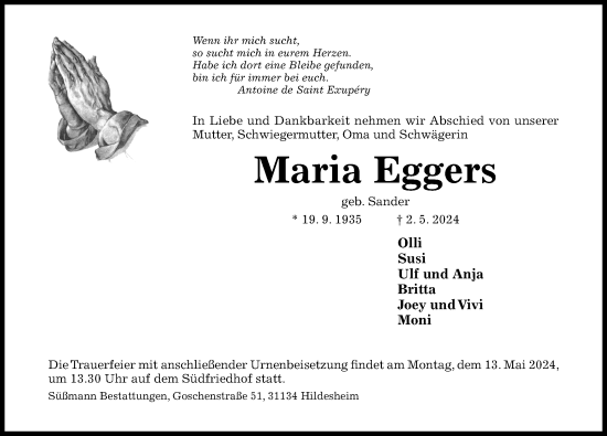 Traueranzeige von Maria Eggers von Hildesheimer Allgemeine Zeitung