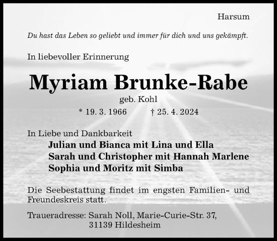 Traueranzeige von Myriam Brunke-Rabe von Hildesheimer Allgemeine Zeitung
