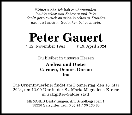 Traueranzeige von Peter Gauert von Hildesheimer Allgemeine Zeitung