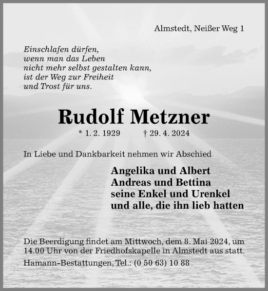 Traueranzeige von Rudolf Metzner von Hildesheimer Allgemeine Zeitung