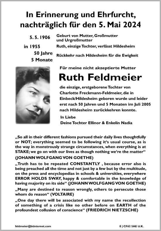 Traueranzeige von Ruth Feldmeier von Hildesheimer Allgemeine Zeitung