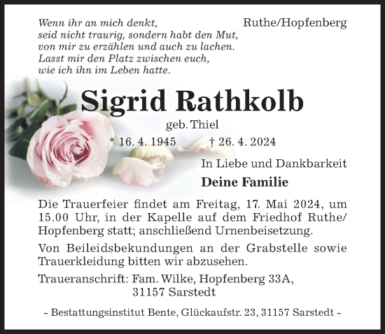 Traueranzeige von Sigrid Rathkolb von Hildesheimer Allgemeine Zeitung