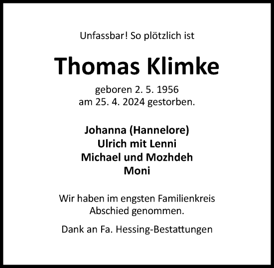 Traueranzeige von Thomas Klimke von Hildesheimer Allgemeine Zeitung
