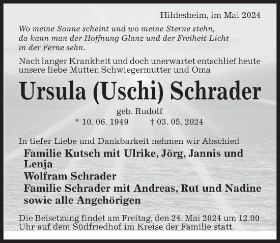 Traueranzeige von Ursula  Schrader von Hildesheimer Allgemeine Zeitung