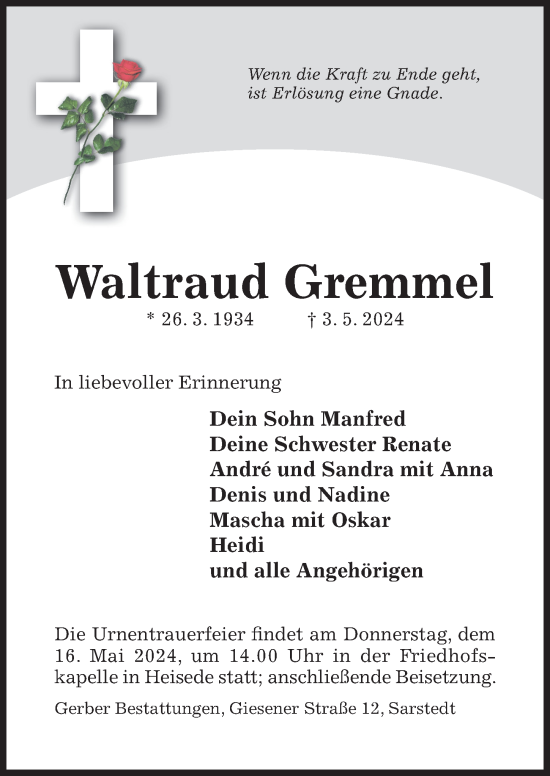 Traueranzeige von Waltraud Gremmel von Hildesheimer Allgemeine Zeitung