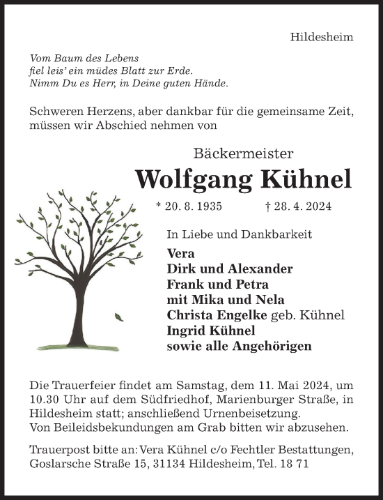 Traueranzeige von Wolfgang Kühnel von Hildesheimer Allgemeine Zeitung