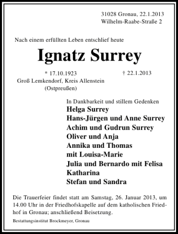 Traueranzeige von Ignatz Surrey von Hildesheimer Allgemeine Zeitung