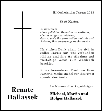 Traueranzeige von Renate Hallassek von Hildesheimer Allgemeine Zeitung