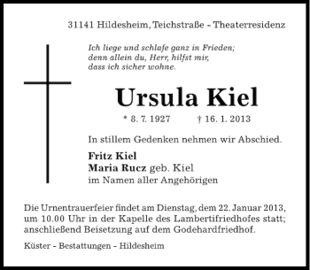 Traueranzeige von Ursula Kiel von Hildesheimer Allgemeine Zeitung