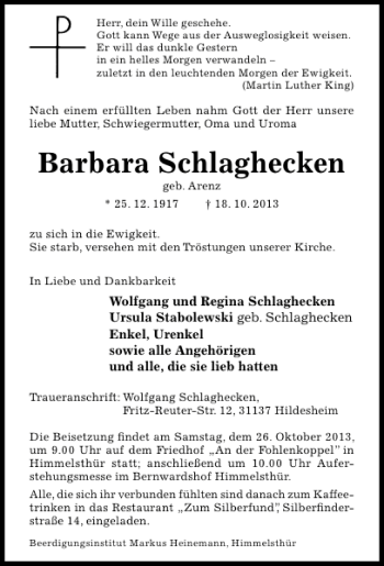 Traueranzeige von Barbara Schlaghecken von Hildesheimer Allgemeine Zeitung