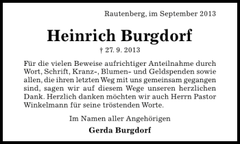 Traueranzeige von Heinrich Burgdorf von Hildesheimer Allgemeine Zeitung