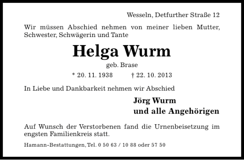  Traueranzeige für Helga Wurm vom 30.10.2013 aus Hildesheimer Allgemeine Zeitung