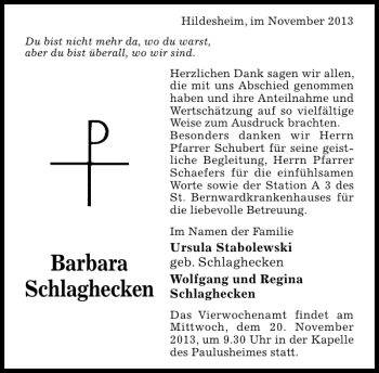 Traueranzeige von Barbara Schlaghecken von Hildesheimer Allgemeine Zeitung