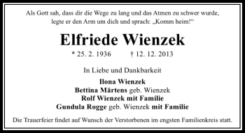 Traueranzeige von Elfriede Wienzek von Hildesheimer Allgemeine Zeitung