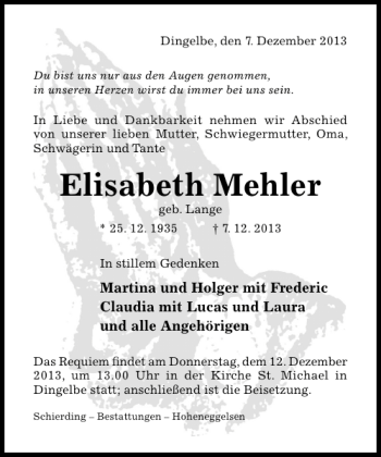 Traueranzeige von Elisabeth Mehler von Hildesheimer Allgemeine Zeitung