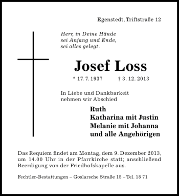 Traueranzeige von Josef Loss von Hildesheimer Allgemeine Zeitung