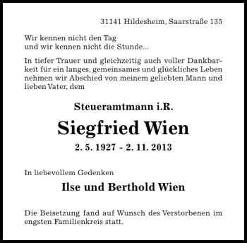 Traueranzeige von Siegfried Wien von Hildesheimer Allgemeine Zeitung