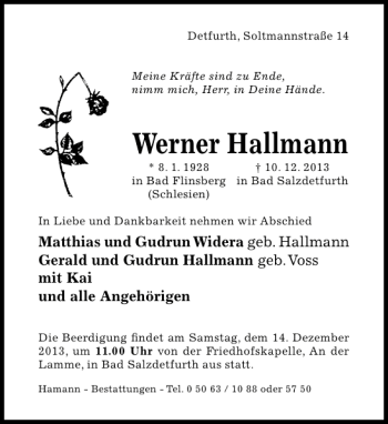 Traueranzeige von Werner Hallmann von Hildesheimer Allgemeine Zeitung