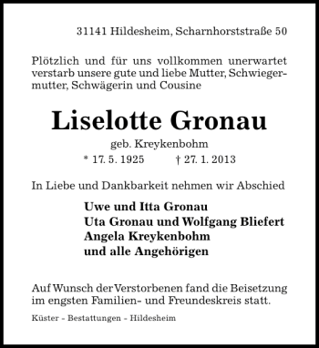 Traueranzeige von Liselotte Gronau von Hildesheimer Allgemeine Zeitung